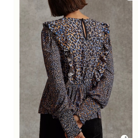 BL^NK Anthropologie Moira Ruffled Peplum Leopard Print Top, Blue Brown Black, L - Picture 2 of 8